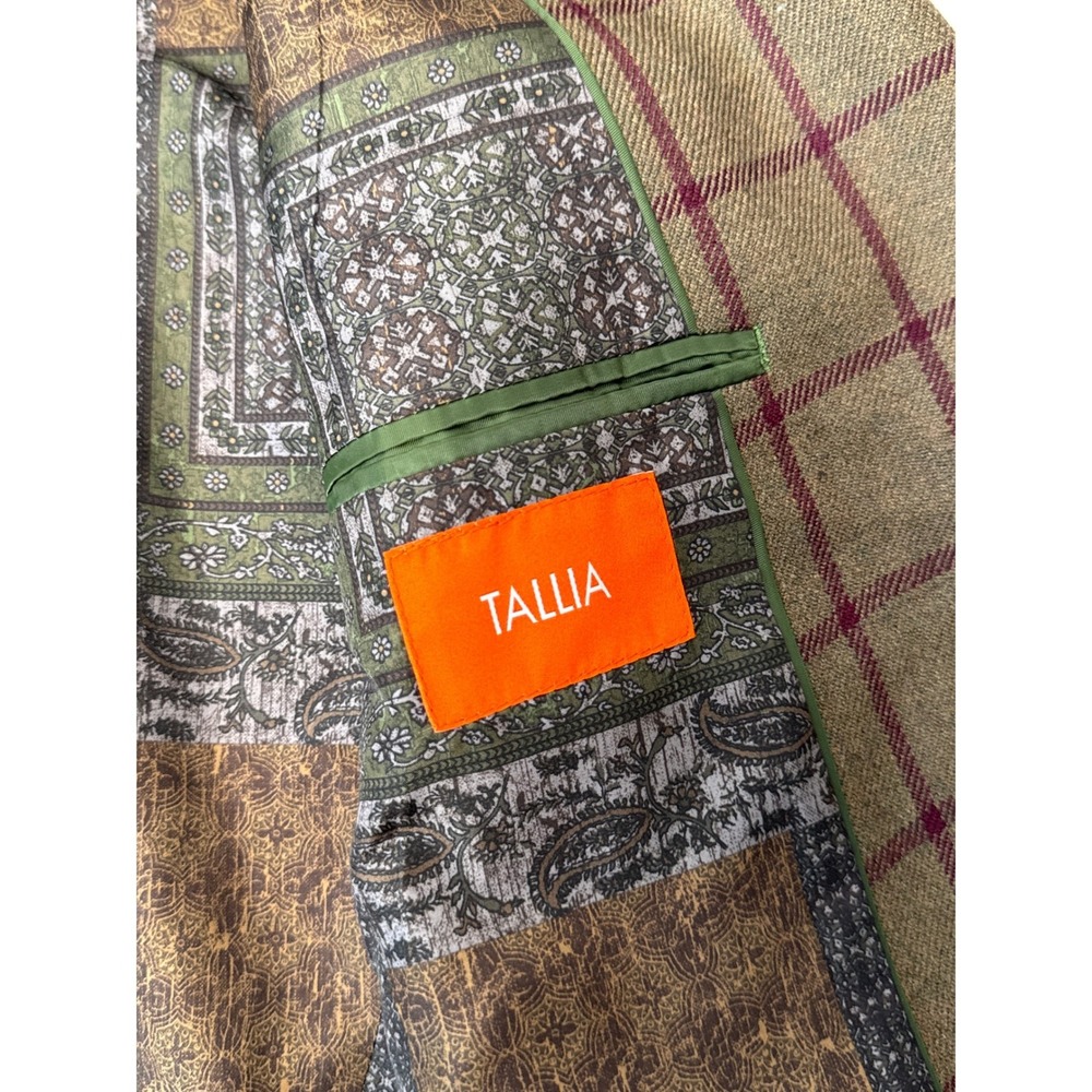Tallia Rothmans New York Mens 40R Wool Blazer Olive Green Burgundy Plaid Jacket - Picture 6 of 10